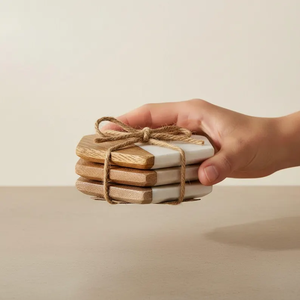Juego de 4 Posavasos de Mármol y Madera de Mango |   Regalo de Piedra Blanca para Mesa de Centro - Product Image 2