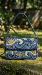 Light Blue White and <b>Green</b> Coastal Beaded Handbag Sea Turtle & Starfish Under the Sea Shoulder Bag Beach Theme <b>Purse</b> - Product Image 2