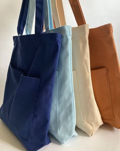 Bolso Tote de Lona Beige con Bolsillo Frontal, Bolso de Hombro Abierto Minimalista para Mujer, Uso Diario - Product Image 3