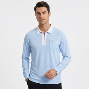 Men's Light <b>Blue</b> Long Sleeve Knitted <b>Polo</b> <b>Shirt</b> With Chest Pocket Casual Style Breathable Solid Color Regular Fit Bangladesh - Product Image 2