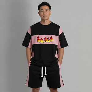 Ensemble homme été décontracté de haute qualité, 2 tons, tissu épais, t-shirt et short surdimensionnés 100% coton, logo personnalisé. - Product Image 1