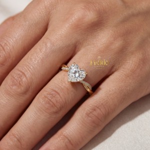 Anillo de compromiso y boda de oro de 10K-20K con diamante romántico de corte corazón cultivado en laboratorio VS y banda trenzada pavé, regalo para ella - Product Image 5