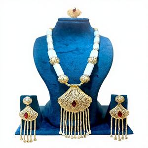 Ensemble de collier pendentif de luxe en alliage de perles blanches et rouges, chaîne plaquée or, boucles d'oreilles assorties pour mariage, fête, fiançailles 63153 - Product Image 1