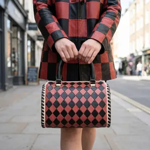 Checkered Genuine Leather Shoulder Bag Women <b>Handbag</b> Zipper Purse Portable Daily Travel Bag Luxurious Look - Product Image 2