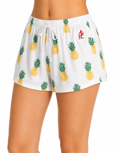 <b>Women's</b> Pineapple Print Drawstring <b>Shorts</b> <b>White</b> Cotton Casual Summer Wear Mid Waist Regular Fit Breathable Knitted <b>Women</b> <b>Shorts</b> - Product Image 4