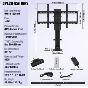 Support TV motorisé avec course de 39,4 pouces, chariots de montage TV, prend en charge les téléviseurs de 32 à 70 pouces, hauteur réglable de 28,74 à 68,11 pouces, télécommande incluse, max. - Product Image 3