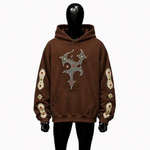 Sweat à capuche oversize marron style gothique avec croix cloutée et manches ornées de strass, unisexe, streetwear, coupe tendance, en promotion - Product Image 1