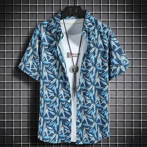 Chemise Hawaïenne Florale d'Été pour Homme à Manches Courtes, Décontractée, Respirante, Séchage Rapide, en Polyester/Coton, Imprimée Numérique, Motif Lys Blanc Marine - Product Image 5
