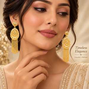 Elegant Gold Tone Crescent Filigree Necklace <b>Set</b> with Layered Chains Tassel Earrings Bracelet and Ring Wedding Jewelry for <b>Women</b> - Product Image 4