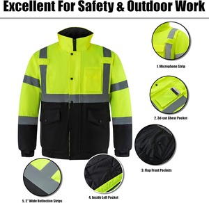 High Visibility Safety <b>Jacket</b> Men Hooded <b>Winter</b> Workwear Reflective Striped <b>Waterproof</b> Fleece Lining Regular Fit - Product Image 3