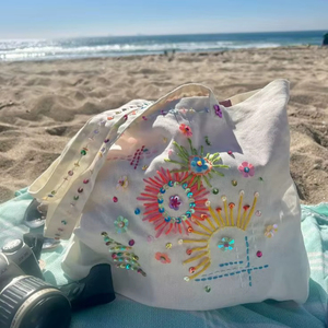 Colorful Handmade Beaded Tote <b>Bag</b> Women Summer Beach Embroidered <b>Canvas</b> <b>Large</b> Capacity <b>Bag</b> - Product Image 1