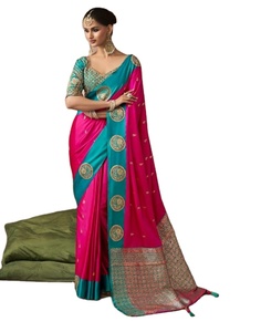 Sari Tradicional de Seda Bordado en Satén Color Fucsia Teal Heritage para Mujer, Sin Arrugas, para Invierno, Diwali, Bodas y Fiestas - Product Image 1