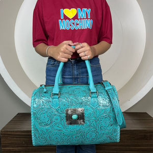 Bolso Grande de Cuero Genuino Grabado a Mano para Mujer, Modelo Speedy 2026, de Piel de Vacuno con Piedra Turquesa, Tipo Bandolera/Duffle, ¡Venta Caliente! - Product Image 4