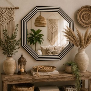 Miroir mural en os incrusté de haute qualité pour la décoration de la maison, miroir mural octogonal, design Art Déco, cadre noir et blanc, décoratif - Product Image 4
