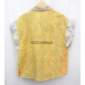 เสื้อกั๊กผ้าฝ้ายเย็บปะติดปะต่อสำหรับผู้หญิง สไตล์พันรอบตัว แขนสั้น สีเหลือง มีกระเป๋า เหมาะสำหรับใส่ในฤดูใบไม้ผลิ - Product Image 2