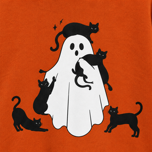 Sudadera con Capucha Naranja de Halloween para Mujer, con Gráfico de Gato Fantasma Negro, Oversize, de Forro Polar Ecológico y Transpirable, Talla 4XL, Casual, para Otoño - Product Image 5