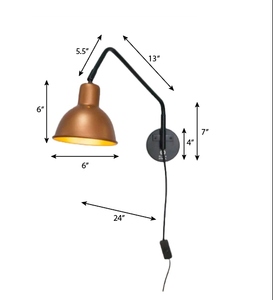 Modern plug in <b>wall</b> <b>sconce</b> with an angled black metal arm and warm copper shade Designed for focused task <b>lighting</b> while - Product Image 2