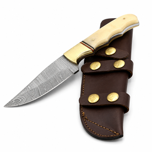Cuchillo de Caza de Acero de Damasco, Hoja de Punta Caída, Borde Recto, Mango de Madera, Funda de Cuero, Cuchillo de Supervivencia para Exteriores - Product Image 4