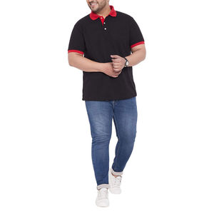 Polo Negro para Hombre con Cuello y Puños Rojos, Manga Corta, Algodón Oxford, Casual, Transpirable, Diseño Sólido, Corte Regular - Product Image 1