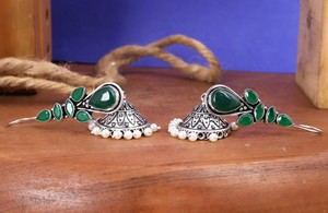Factory Direct Green Stone <b>Oxidized</b> Silver Jhumka Earrings Handmade Ethnic Boho Pearl Drop Earrings for Women Wholesale Jewelry - Product Image 5