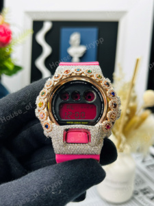 Iced Out VVS Moissanite <b>Watch</b> Round Shape Bezel Multi Color Diamond Digital <b>Watch</b> Pink <b>Rubber</b> Band <b>Watch</b> - Product Image 6