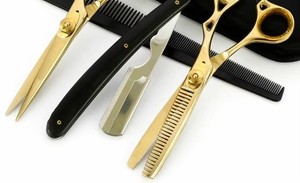 Professional <b>Hot</b> Selling Gold Plated Japan Stainless Steel Right-Handed Long Handle Hair Cutting Barber Scissors Set <b>Comb</b> Razor - Product Image 3