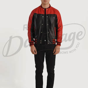 เสื้อแจ็คเก็ตหนังแท้สองสีแดงดำสำหรับผู้ชาย สไตล์เบสบอล พรีเมียม  แบบ Letterman - Product Image 2
