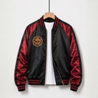 Blouson Bomber Varsity Sukajan Personnalisé pour Homme, Broderie Dragon sur le Devant, Coupe-Vent, Rouge et Noir, Style Streetwear Japonais en Satin