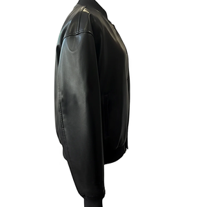 แจ็คเก็ตบอมเบอร์ผ้าไหม/ผ้าฝ้ายสีดำแบบยูนิเซ็กซ์ ซิปหน้าสไตล์วาร์ซิตี้ คอวี แขนเสื้อและชายเสื้อแบบพับได้ สตรีทแวร์สุดคลาสสิก - Product Image 5