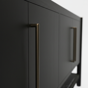 Buffet en bois tressé naturel à 4 portes avec étagère en rotin, meuble de rangement moderne en bois et tissu tressé, pieds ronds - Product Image 5