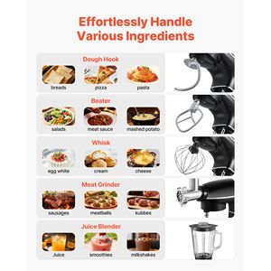 Robot pâtissier multifonctionnel 3-en-1 avec bol en acier inoxydable 6QT, 660W, 6 vitesses, tête inclinable, crochet pétrisseur et fouet métallique - Product Image 2
