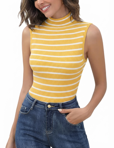 Top sin mangas de cuello simulado para mujer, de la mejor calidad, informal, a rayas, de poliéster y algodón, para verano, con logo personalizado, venta al por mayor, chaleco para mujer - Product Image 2