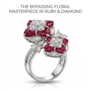 Bague tendance en or blanc 18 carats avec rubis naturels et bande pavée de diamants double fleur pour le marché de la joaillerie en Europe et au Royaume-Uni - Product Image 1