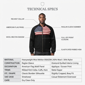 Chaqueta de mezclilla raglán de lana gruesa personalizada para hombre, estilo streetwear negro con bandera americana, reversible MA-1, con cremallera, OEM - Product Image 5