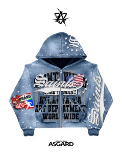 Sudadera con Capucha y Cremallera de Mezclilla para Hombre ASGARD, Estilo Urbano, Chaqueta Oversize Estampada con Logos de Marca y Diseño de Estrellas, Estilo Otoñal - Product Image 3