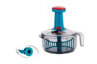 Hachoir alimentaire semi-automatique portable en PP avec bol transparent, poignée bleue et rouge, lames en acier inoxydable, compatible lave-vaisselle, pour ail