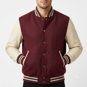 <b>Men's</b> Maroon Varsity <b>Jacket</b> With Cream <b>Leather</b> Sleeves Stand Collar Button Closure Autumn Casual Outerwear Regular Fit - Product Image 2