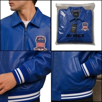 Blouson aviateur en cuir bleu style Averix |   Manteau streetwear unisexe vintage avec logo brodé sur le devant, vêtement d'extérieur urbain de grande taille
