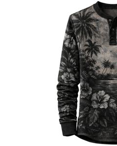 Camisa Henley con estampado de paisaje tropical para hombre, camisa negra y gris de manga larga con botones, estilo playero informal, top ligero de moda - Product Image 3