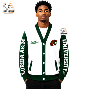 Suéter Cárdigan FAMU Rattlers con Logotipo Bordado, Verde y Blanco, Manga Larga, Invierno, Color Sólido, para Hombre, 100% Poliéster, Antiarrugas - Product Image 1