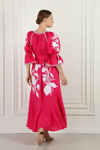 Robe longue décontractée en coton brodé pour femme, style bohème, motif floral rose, col en V, manches longues, coupe ample, taille à nouer - Product Image 6