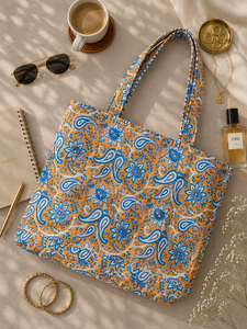 Ethically Sourced Indian Handmade Paisley Cotton Durable Water Resistant Floral <b>Shoulder</b> Tote Bag Eco-Friendly Fold Beach - Product Image 6