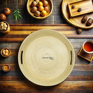 Grand plateau de service traditionnel en bois artisanat décoratif en rotin de bambou de taille personnalisée pour motif rond et rectangulaire de nourriture - Product Image 5