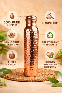Bouteille d'eau en cuivre pur écologique et anti-fuite de qualité supérieure avec gravure florale artisanale exquise pour la guérison ayurvédique - Product Image 6