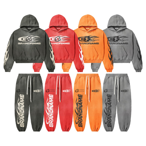 Custom LOGO Streetwear Jogging <b>Set</b> Zip up Acid Wash Tracksuit SweatSuit Hoodie and Straight Leg Flared Sweatpants <b>Set</b> <b>Men</b> Hoodie - Product Image 1