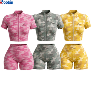 Conjunto Deportivo de 2 Piezas de Camuflaje Personalizado para Mujer, Top Corto con Cremallera de Manga Corta, Pantalones Cortos de Cintura Alta, Transpirable y Elástico, Primavera Verano - Product Image 5