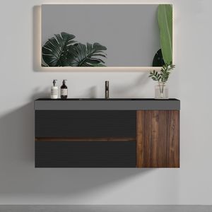 Mobile bagno Grace da 48 pollici in noce, sospeso a parete, con lavabo in quarzo nero opaco e ante con cassetti neri opachi - Product Image 1