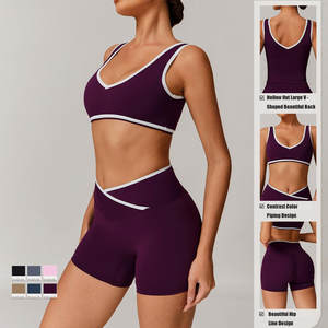 Women Solid 4-Piece Yoga Set Breathable Nylon Spandex Precision Cut Sports Bra <b>Leggings</b> Workout Wear Custom OEM Wholesale - Product Image 6
