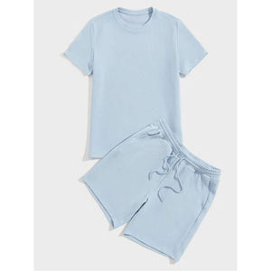 Ensemble de pyjama en coton uni pour homme, col rond, manches courtes, shorts, taille élastique, vêtements décontractés d'été, légers et respirants - Product Image 2