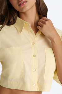 Chemisier court jaune uni pour femme, best-seller de l'été, à boutons, manches trois-quarts, en popeline, décontracté, coupe ample pour le printemps - Product Image 2